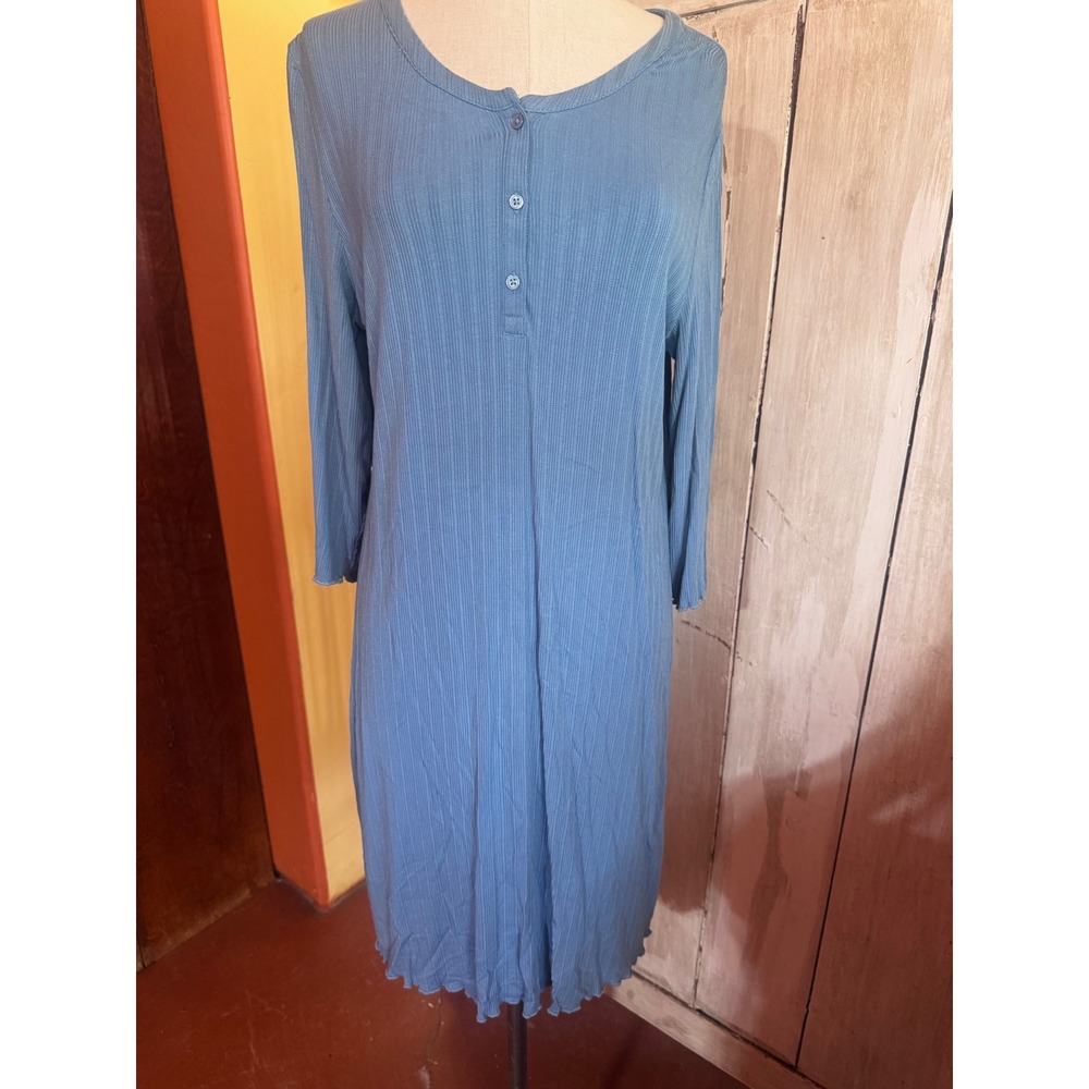 Lands End Womens Blue Ribbed Knit Henley Midi Dress 3/4 Sleeve Lettuce Hem M